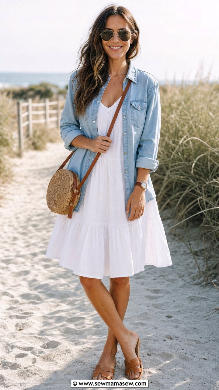 White Cotton Dress With Denim Button Down Shirt As Layer - 25 spring coastal grandmother outfit ideas