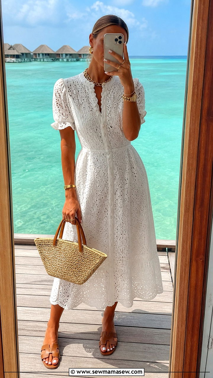 White Cotton Dress With Gold Accessories - 40 What to wear in Maldives