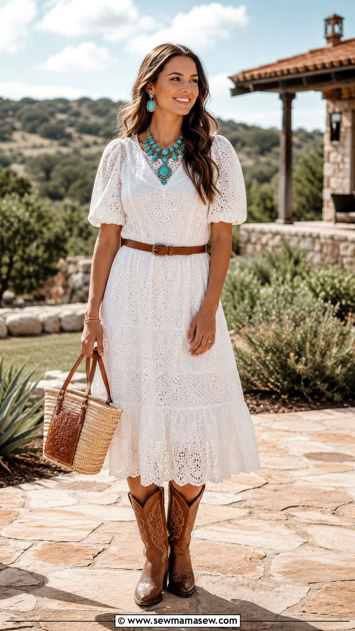 White Cotton Dress With Western Accessories Outfit - 30 Texas outfit ideas for women