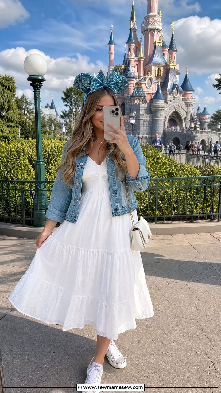 White Cotton Dress and Blue Denim Jacket Princess Look - 30 Disneyland Paris outfit ideas