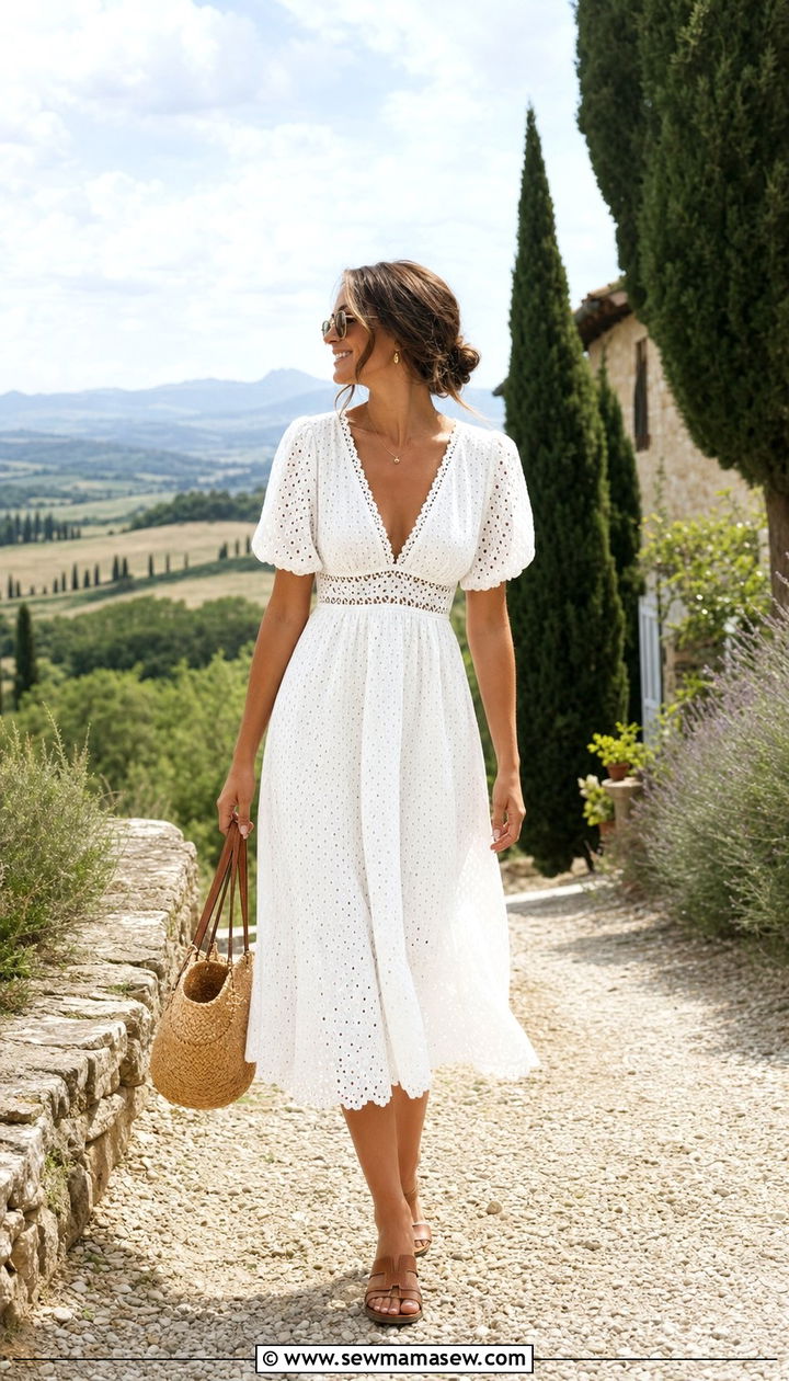 White Cotton Dress and Flat Sandals - 25 Spring week in Italy outfits