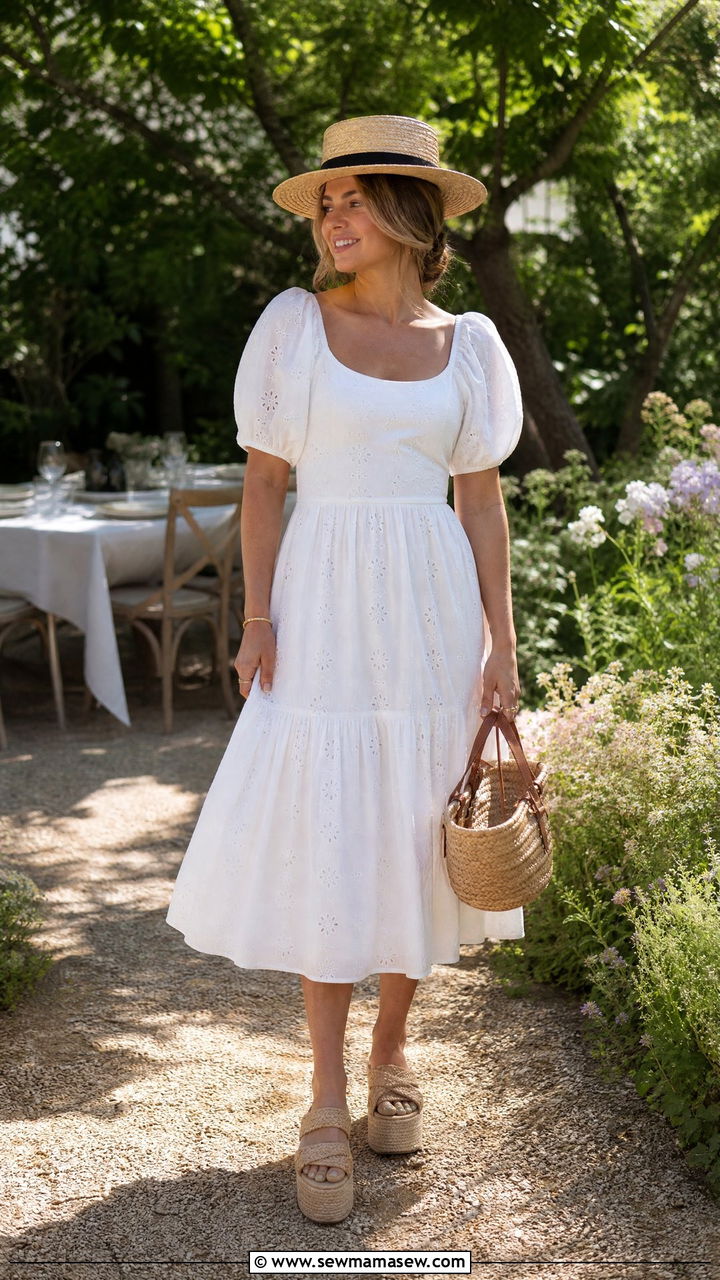 White Cotton Dress and Raffia Sandals - 25 casual coastal grandmother outfits
