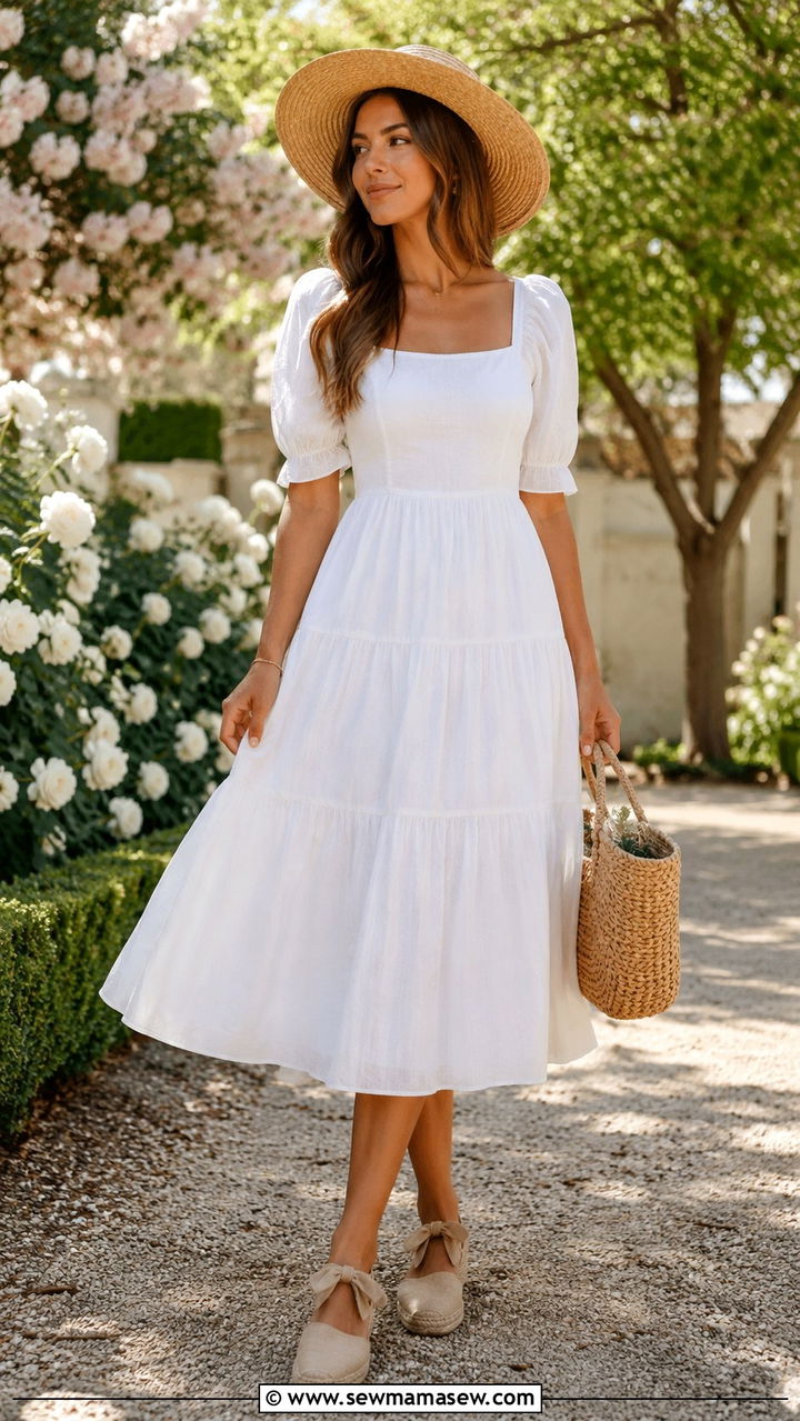 White Cotton Dress with Straw Hat and Espadrilles - 30 spring pinterest outfit ideas