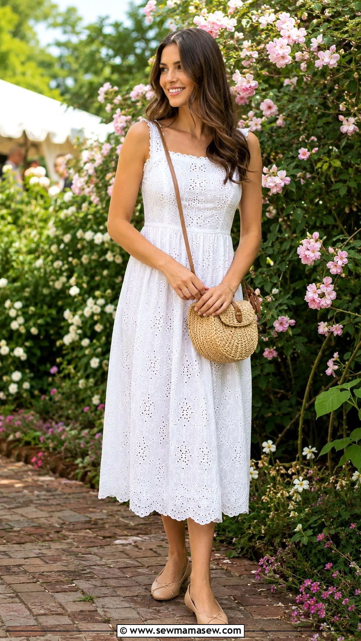 White Cotton Eyelet Dress Outfit - 30 Spring cotton outfits