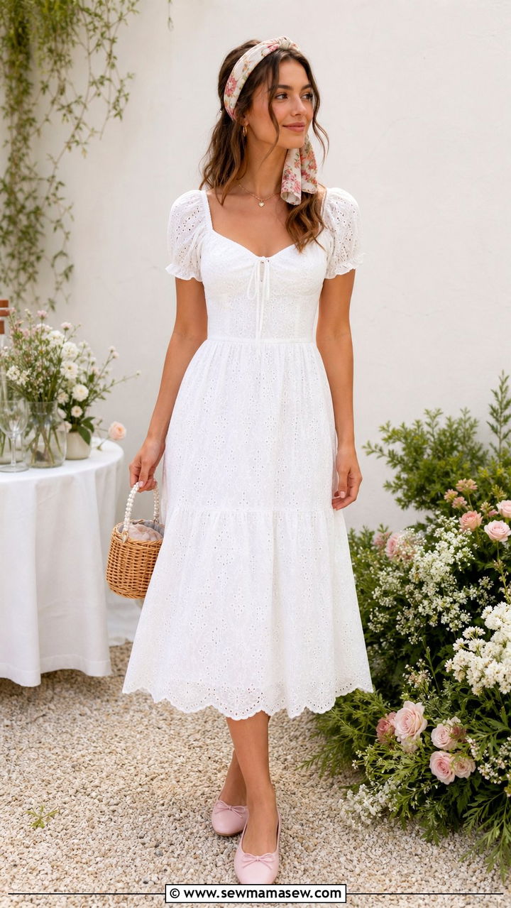 White Cotton Eyelet Dress With Ballet Flats And Floral Headband - 25 summer fairycore outfit ideas