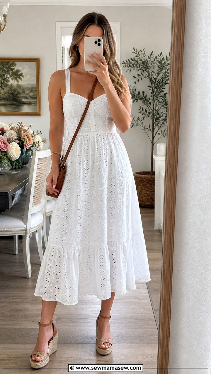 White Cotton Eyelet Dress With Espadrille Wedges - 40 summer dress outfit ideas