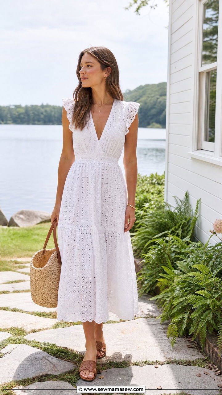 White Cotton Eyelet Dress with Woven Sandals - 30 Summer cottage outfits