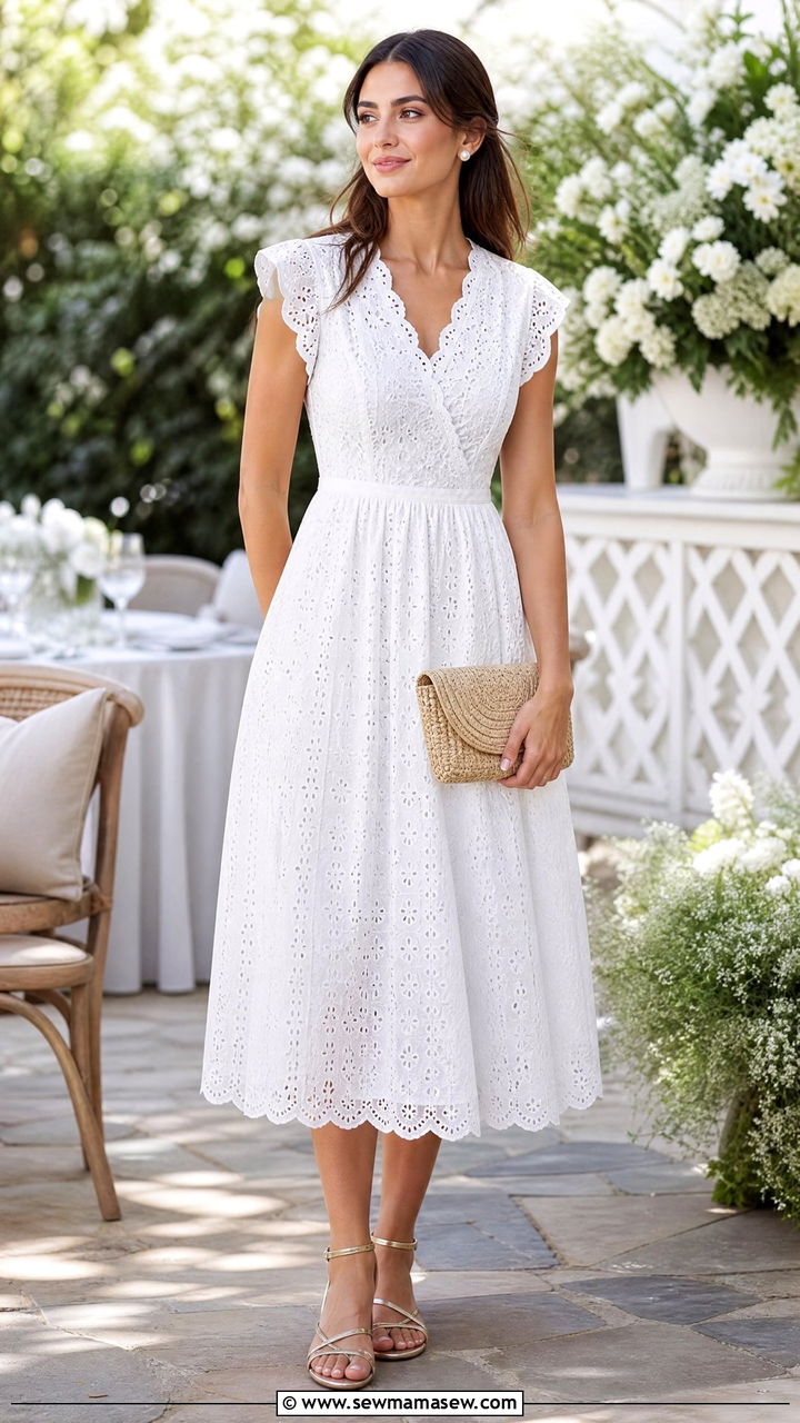 White Cotton Eyelet Midi Dress With Strappy Sandals - 30 Summer cotton outfits