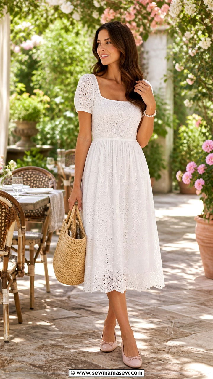 White Cotton Eyelet Midi Dress with Ballet Flats - 40 Mother's Day brunch outfit ideas 2026