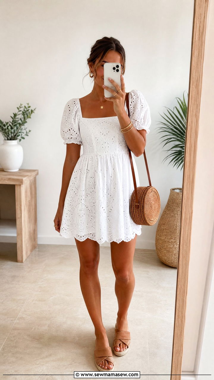 White Cotton Eyelet Mini Dress With Espadrilles - 35 hot weather outfits inspo