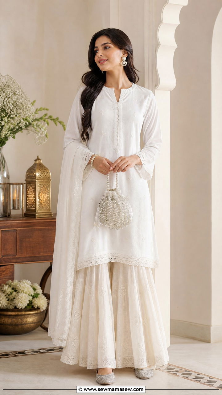 White Cotton Kurta With Ivory Sharara Pants - 25 March Ramadan outfit ideas