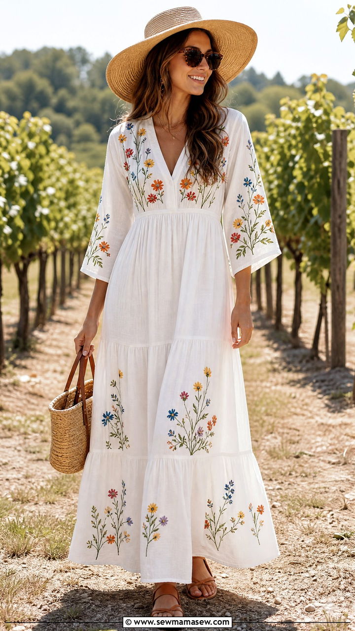 White Cotton Maxi Dress With Floral Embroidery Outfit - 25 classy fairycore outfit ideas