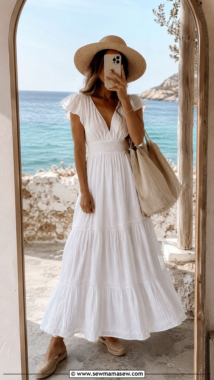 White Cotton Maxi Dress With Flutter Sleeves - 30 Maxi dress with sleeves outfit ideas