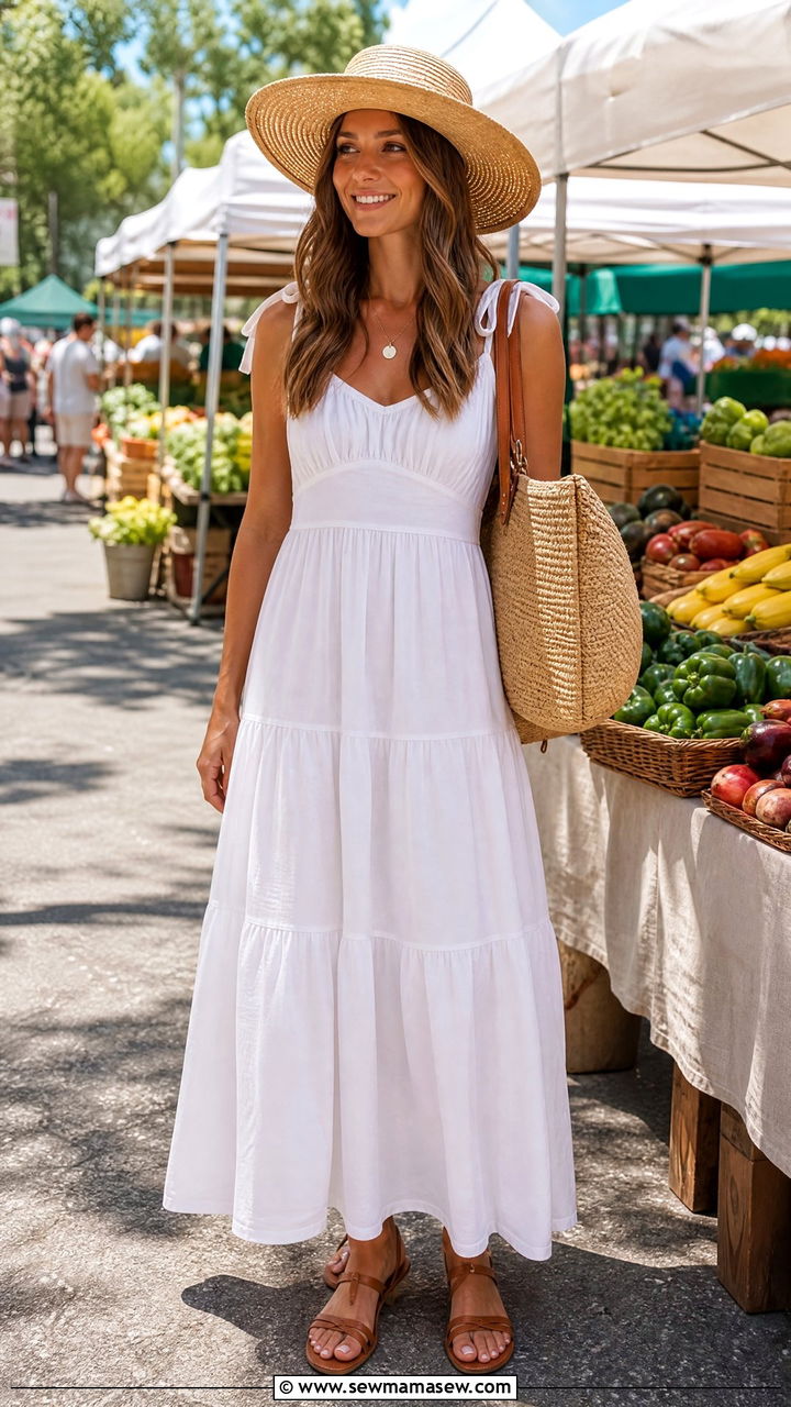 White Cotton Maxi Dress With Sandals - 30 Summer farmers market outfits
