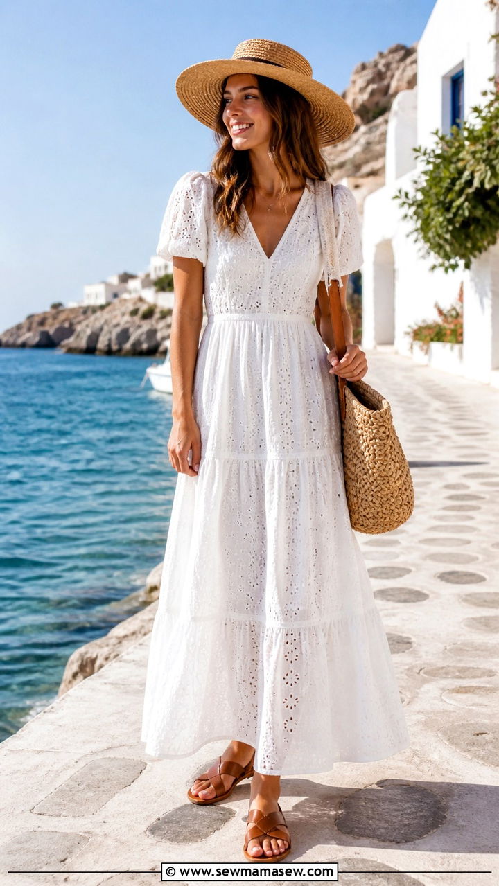 White Cotton Maxi Dress With Straw Hat And Flat Sandals - 40 maxi dress outfits