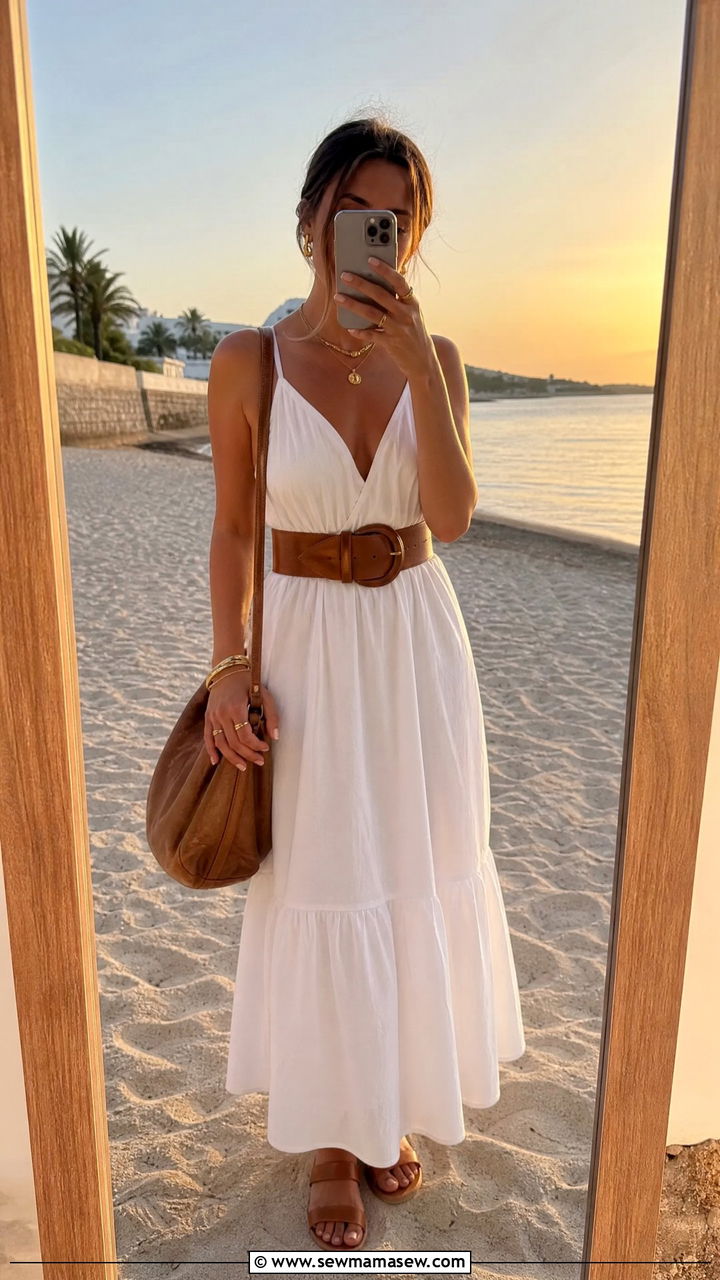 White Cotton Maxi Dress With Tan Leather Accessories - 30 Petite summer dresses outfit ideas