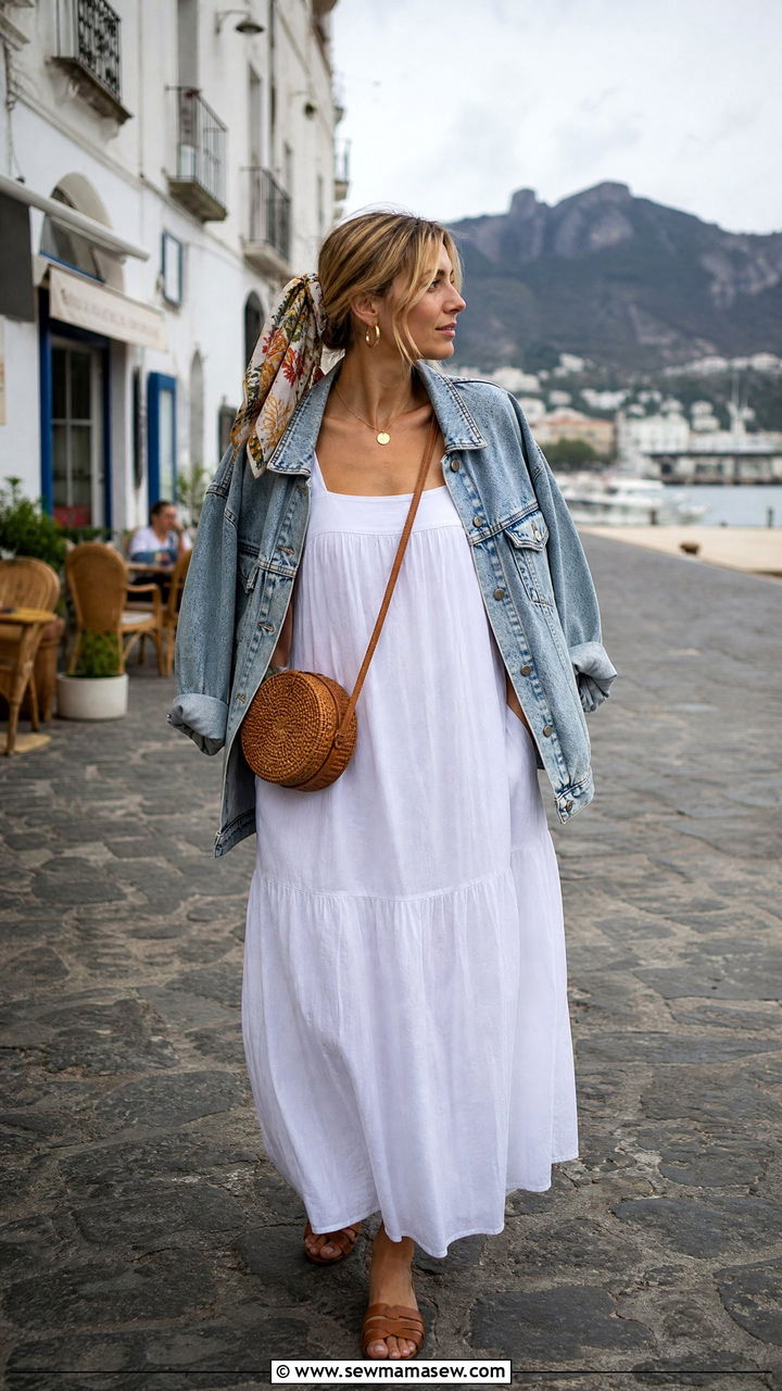 White Cotton Maxi Dress with Oversized Denim Jacket - 35 French girl summer outfit ideas