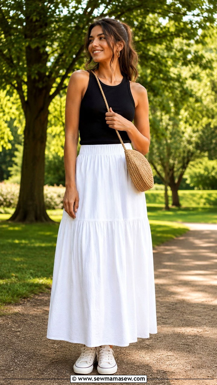 White Cotton Maxi Skirt With Tank Top and Canvas Sneakers - 30 Maxi skirt outfit ideas with sneakers