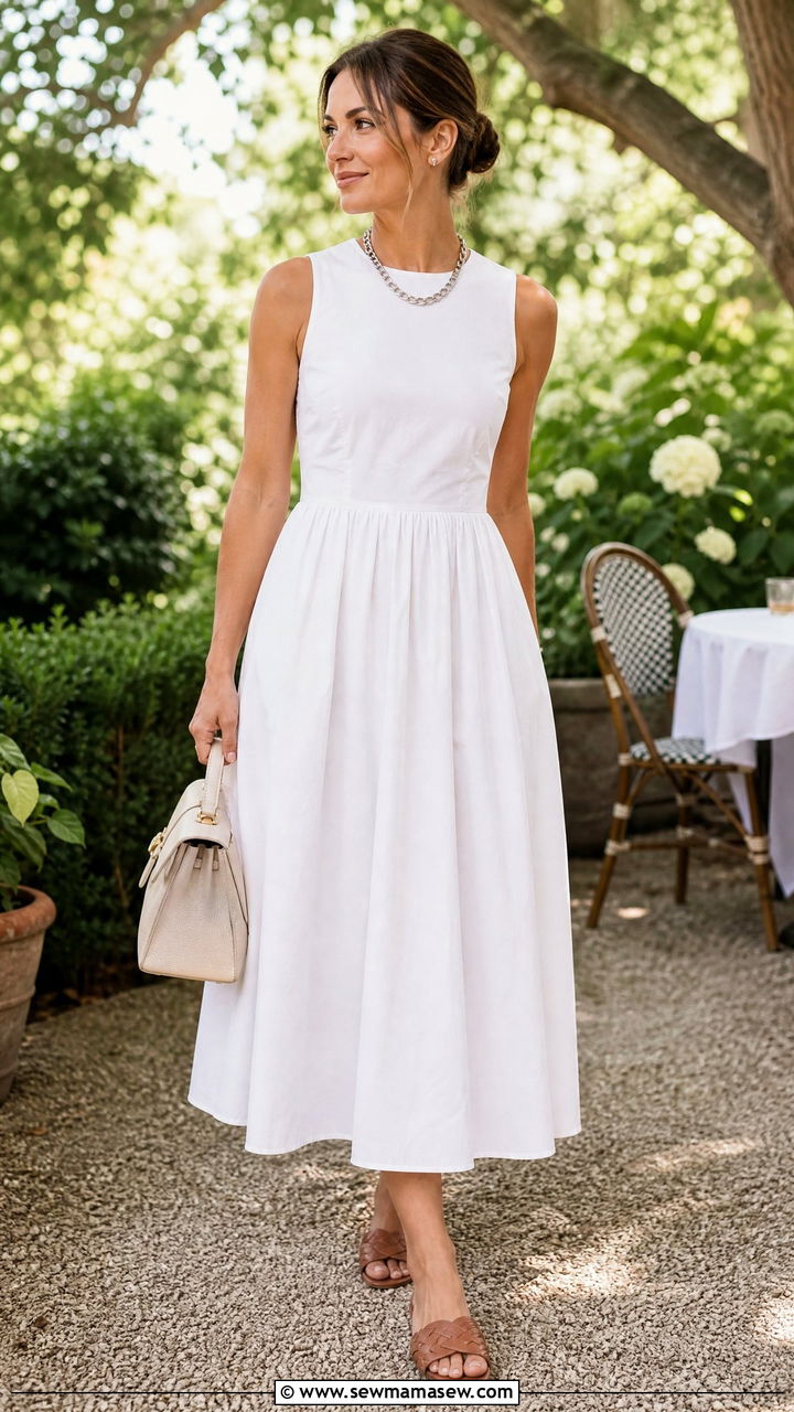 White Cotton Midi Dress And Woven Leather Slides - 30 summer quiet luxury outfit ideas