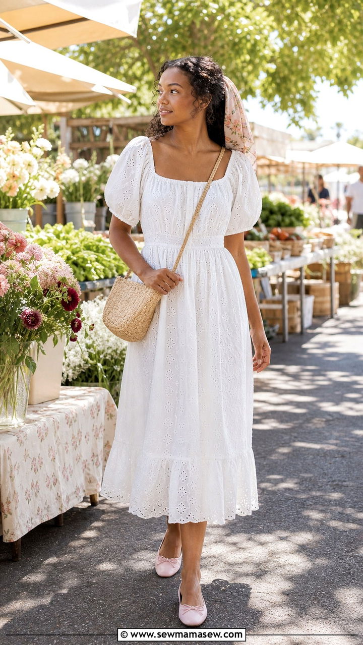 White Cotton Midi Dress With Ballet Flats - 20 Boho outfit ideas Dôen style