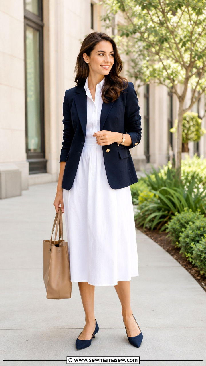 White Cotton Midi Dress With Navy Blazer and Pointed Flats - 30 Midi dress for work outfit ideas