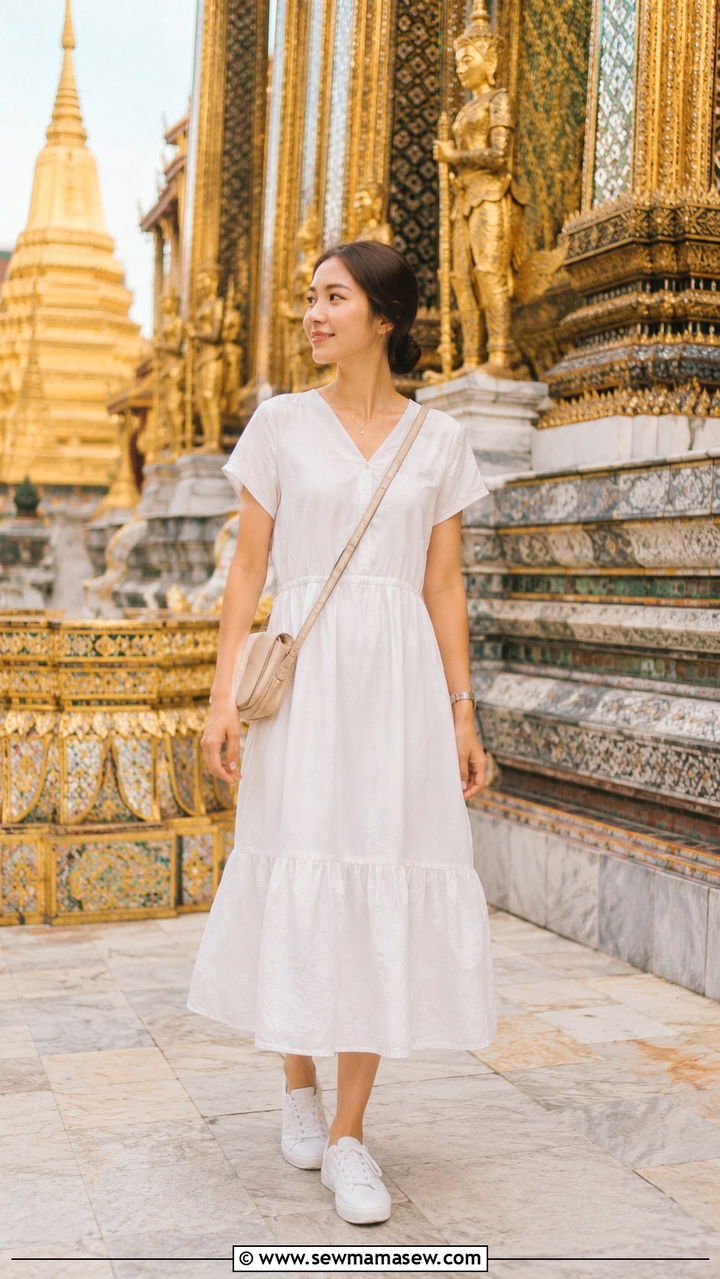 White Cotton Midi Dress With Sneakers - 25 Asian vacation outfit ideas