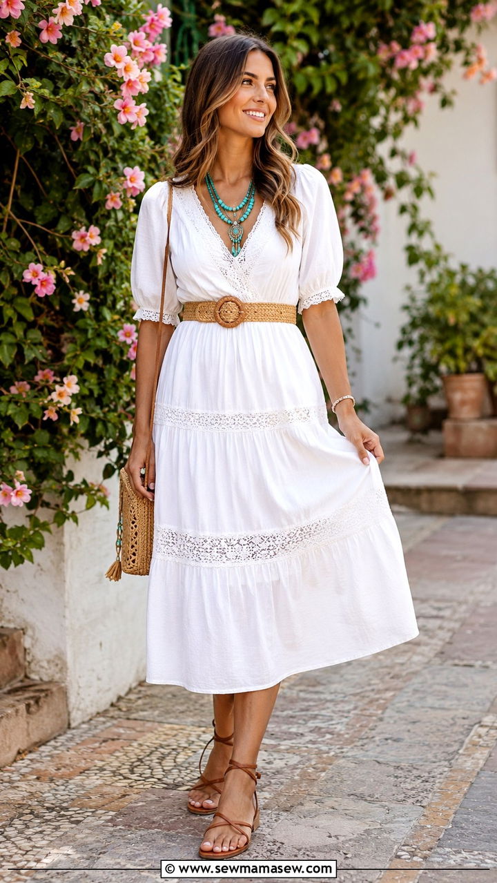 White Cotton Midi Dress With Turquoise Layered Necklaces And Sandals - 25 Boho outfit ideas with layered necklaces