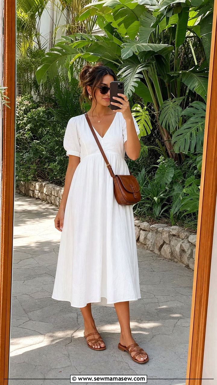 White Cotton Midi Dress and Flat Sandals Outfit - 25 Summer outfits for dry heat