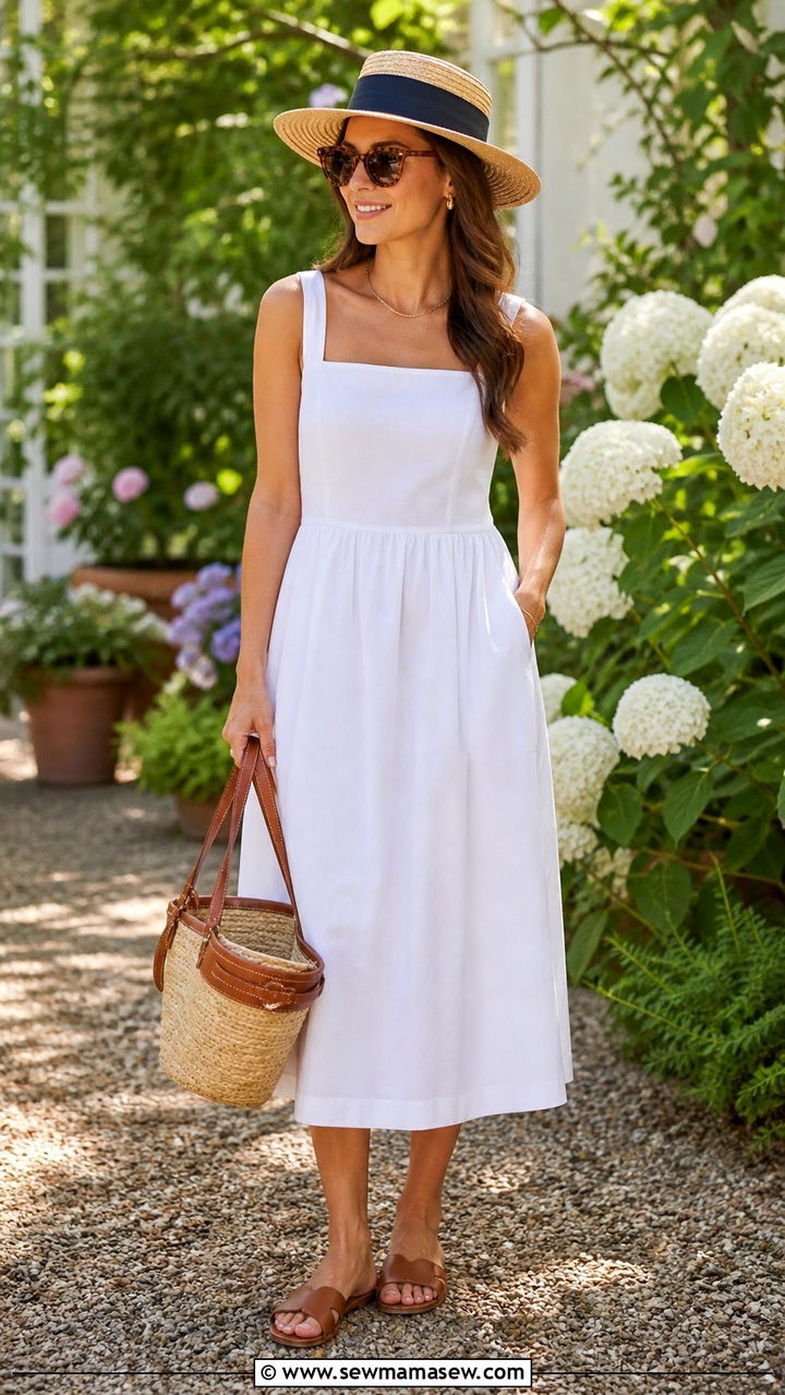 White Cotton Midi Dress with Woven Bag and Flat Sandals Outfit - 40 coastal grandmother outfits