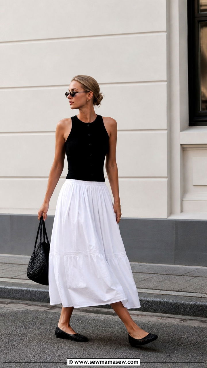 White Cotton Midi Skirt With A Black Sleeveless Knit - 40 summer scandinavian outfits