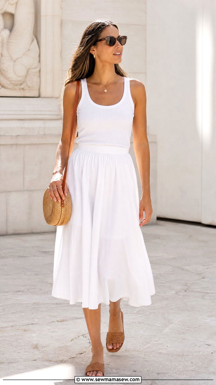 White Cotton Midi Skirt and Ribbed Tank Outfit - 30 Summer white outfit ideas