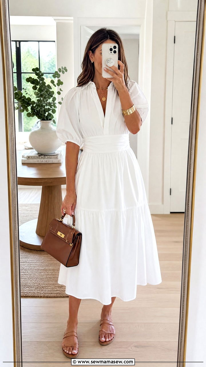 White Cotton Poplin Dress with Gold Accessories - 30 Hamptons outfit ideas