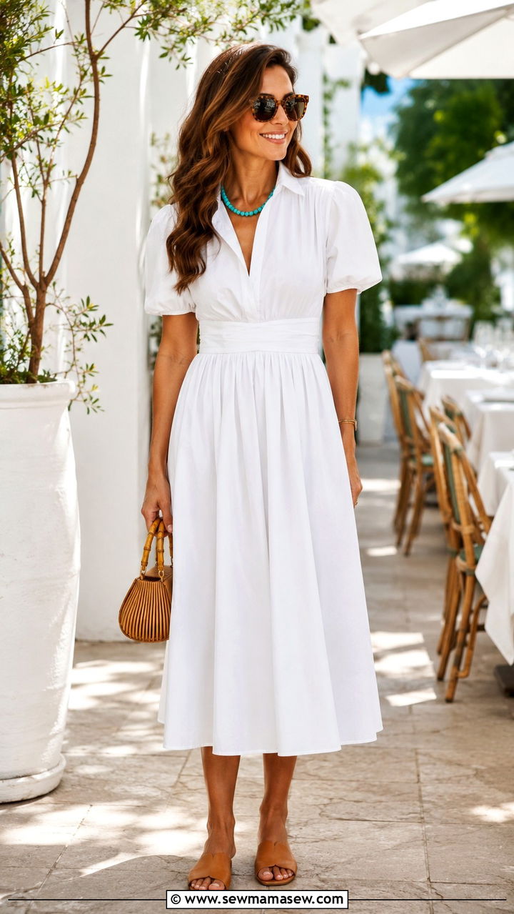 White Cotton Poplin Midi Dress With Tan Slides - 20 summer outfits 2026 women inspo