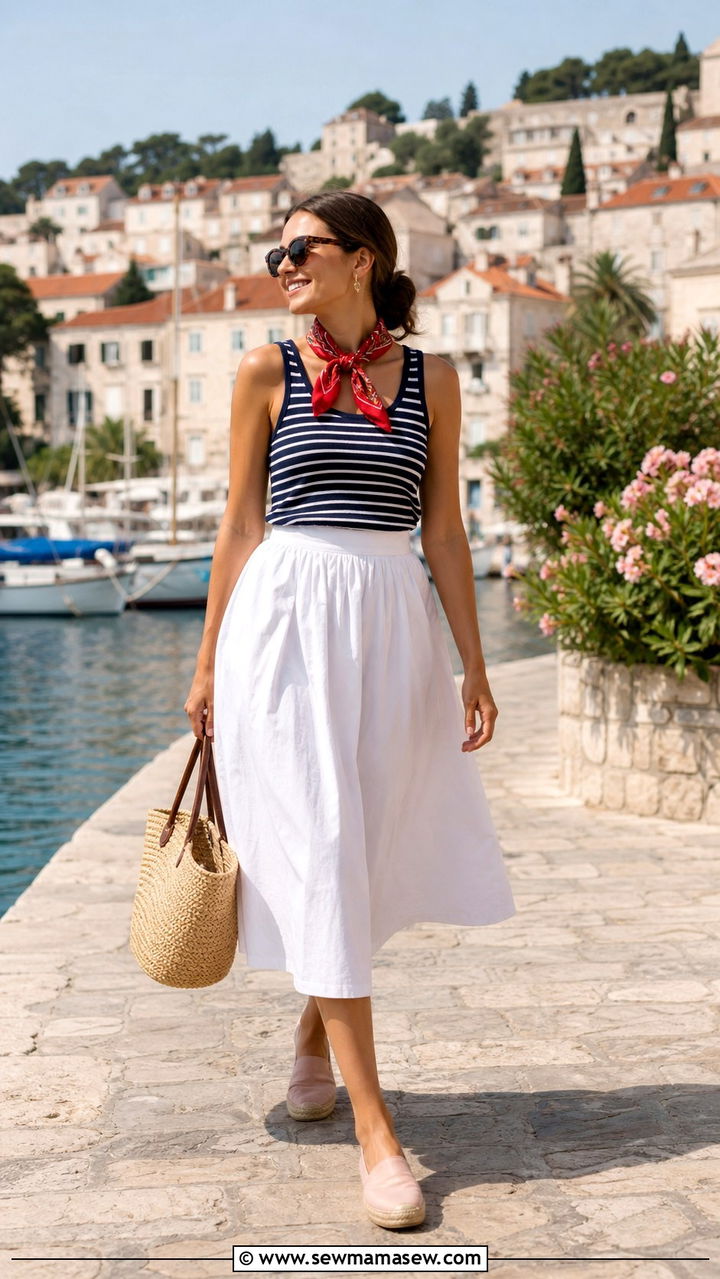 White Cotton Poplin Midi Skirt With Striped Knit Tank - 40 Mediterranean outfit ideas