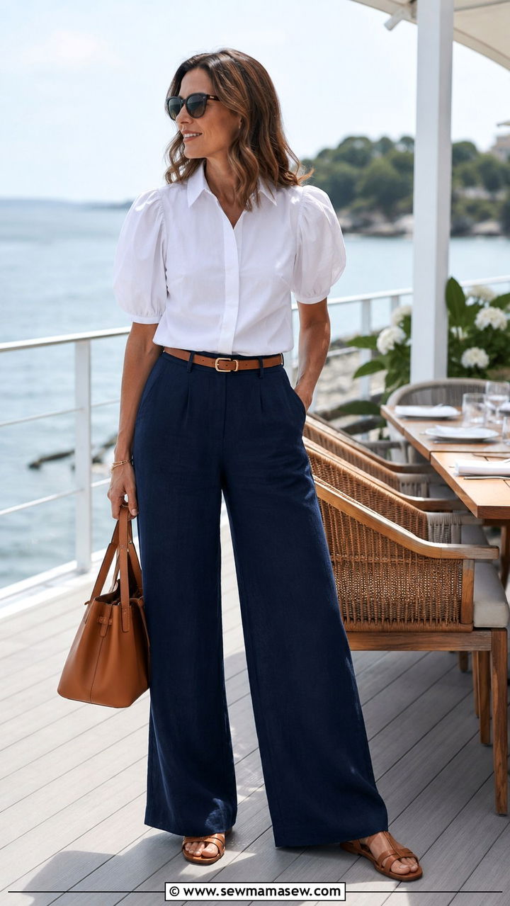 White Cotton Poplin Top With Navy Linen Trousers And Tan Belt - 20 Spring coastal grandmother outfits 2026