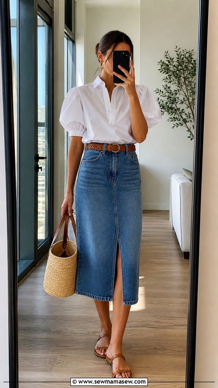 White Cotton Popover Shirt and Denim Skirt Outfit - 40 Summer wardrobe staples