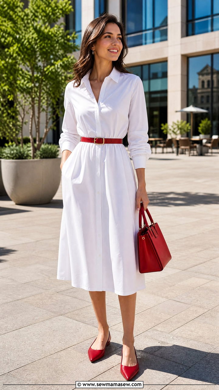 White Cotton Shirt Dress With Red Accessories For A Pop Of Color - 35 Modern office outfit ideas