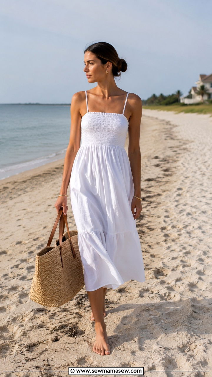 White Cotton Sundress Raffia Tote Hamptons Outfit - 30 Old money outfit ideas for the Hamptons