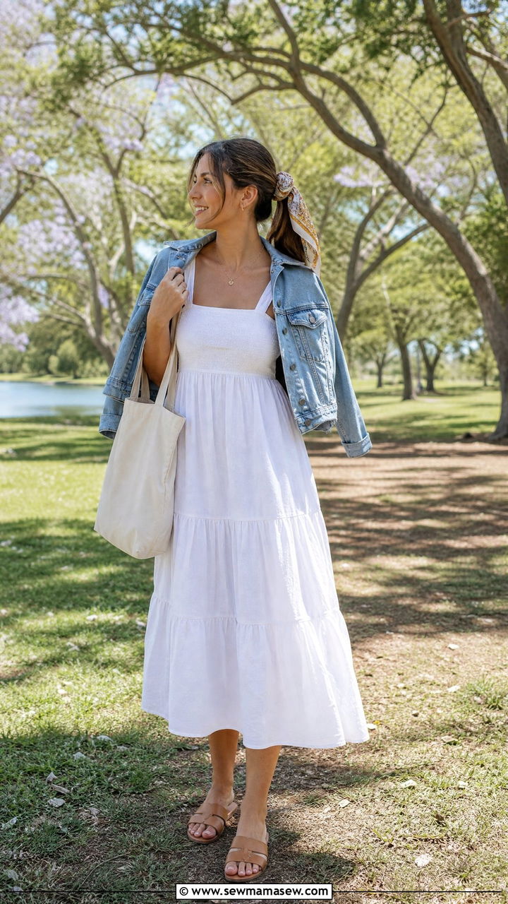 White Cotton Sundress With A Denim Jacket - 30 Summer cotton outfits