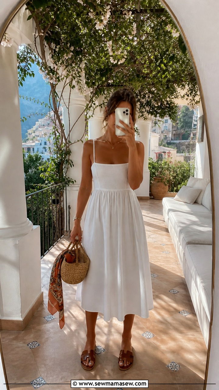 White Cotton Sundress With Leather Sandals - 40 What to wear in Amalfi Coast