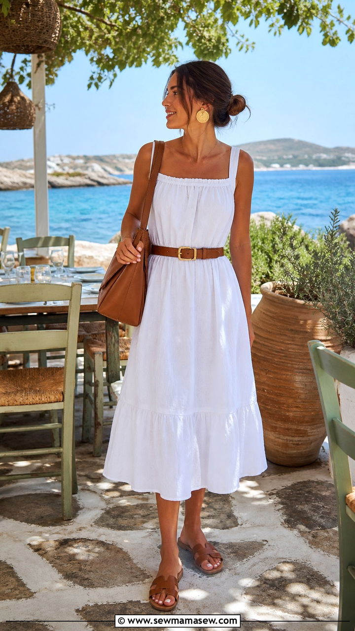 White Cotton Sundress With Tan Accessories - 40 Summer Greece outfit ideas