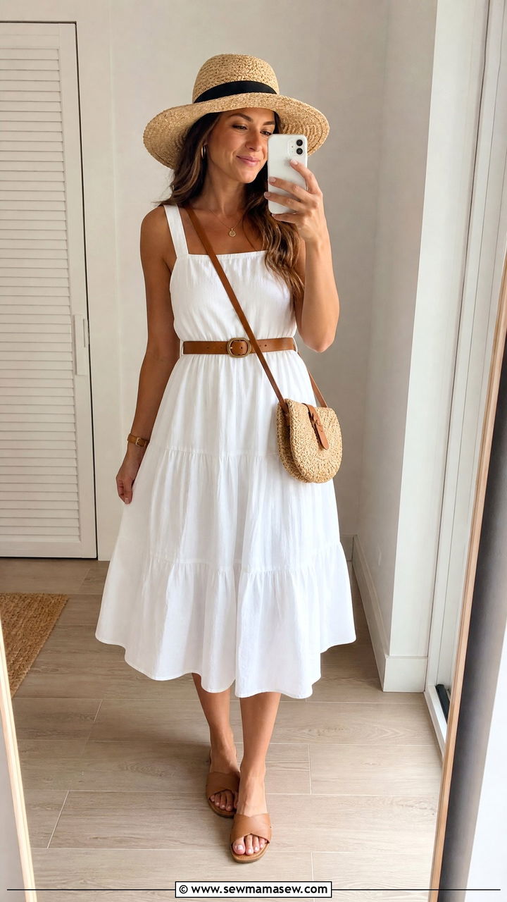White Cotton Sundress With Tan Accessories - 30 Cruise embarkation outfit ideas