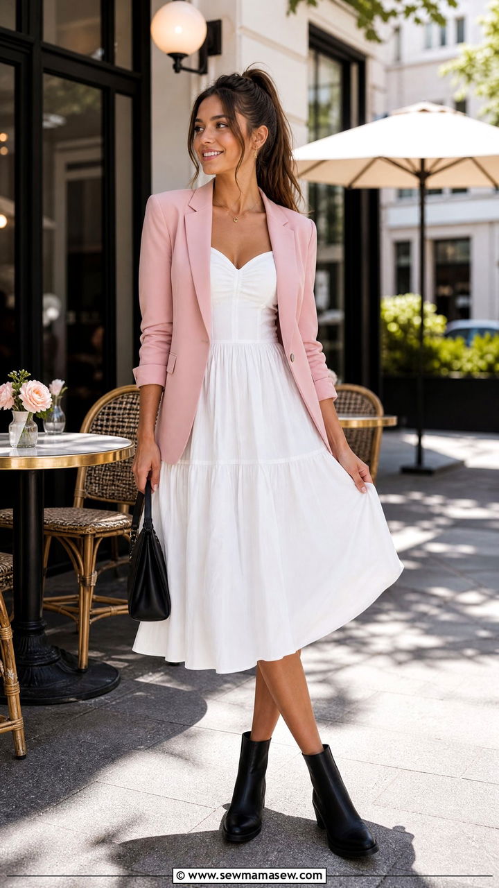 White Cotton Sundress with Black Ankle Boots - 30 Summer outfits with ankle boots