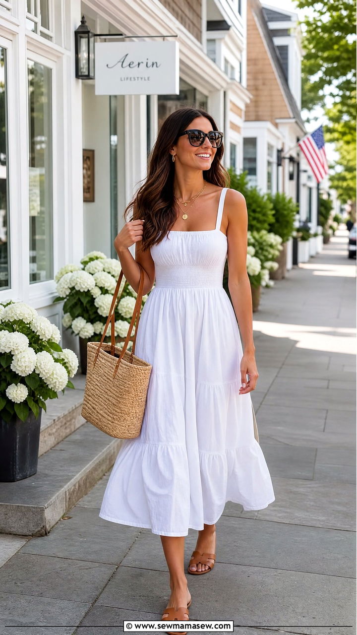White Cotton Sundress with Raffia Tote - 30 Hamptons outfit ideas