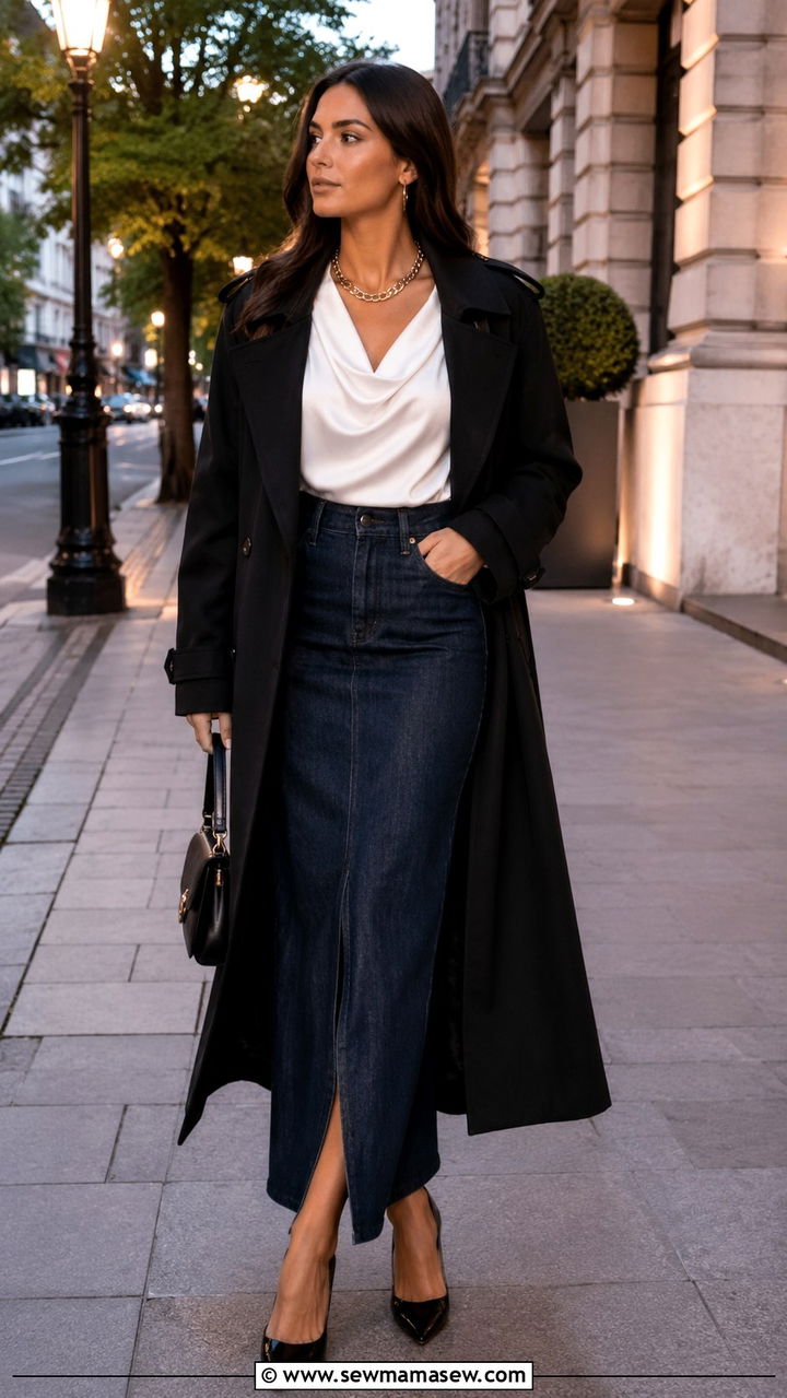 White Cowl Neck Blouse With Dark Denim Maxi Skirt - 20 Quiet luxury outfit ideas Gwyneth Paltrow