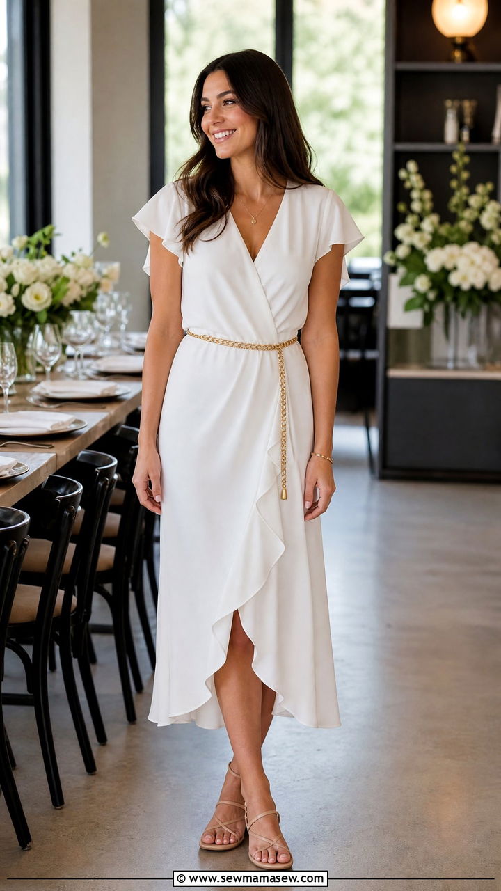 White Crepe Wrap Dress With Nude Sandals - 30 cute bridal shower outfits