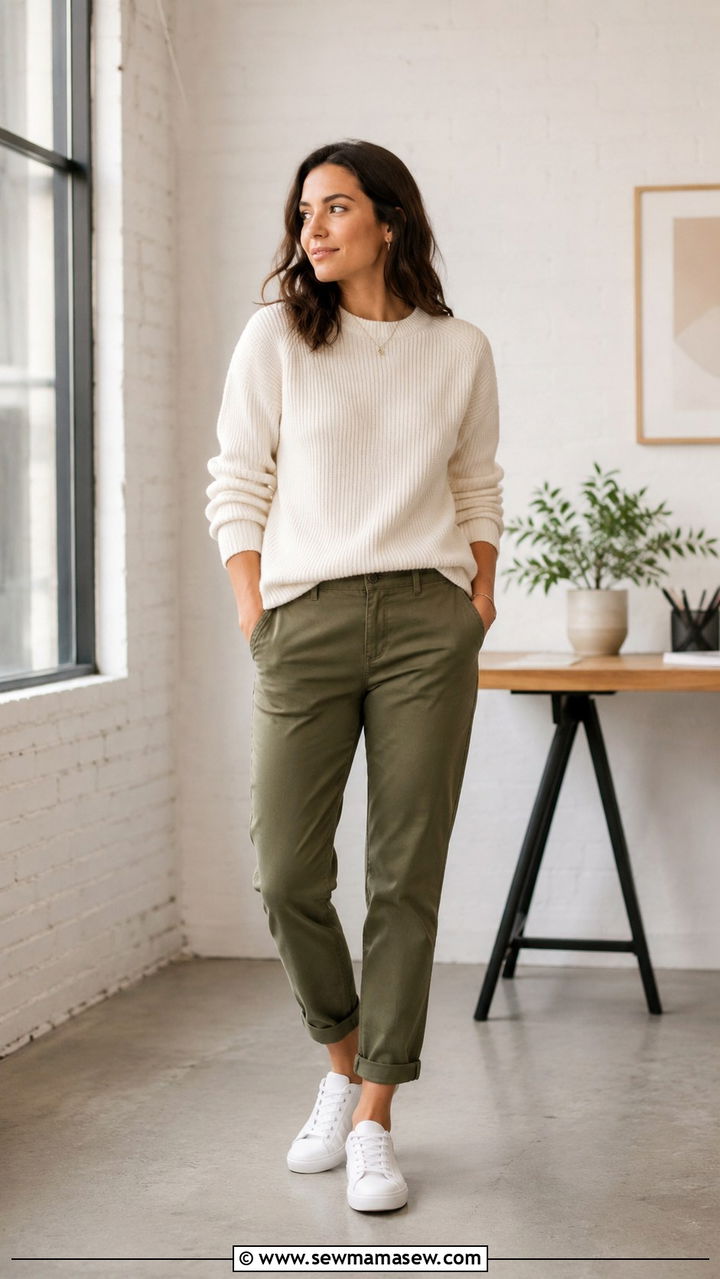White Crew Neck Knit Sweater With Olive Green Chinos - 25 Virtual interview outfit ideas