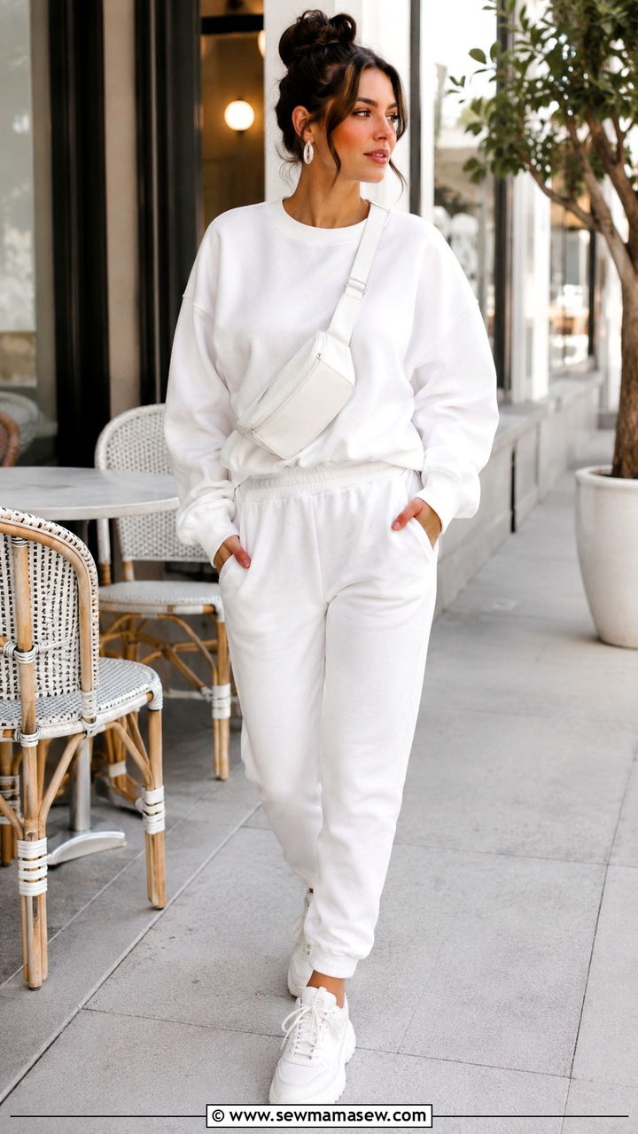 White Crewneck Sweatshirt And Joggers With Sneakers - 30 Monochromatic white outfits