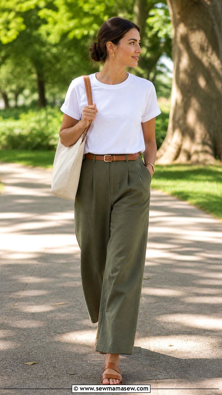 White Crewneck Tee and Olive Green Trousers - 40 summer minimalist outfits