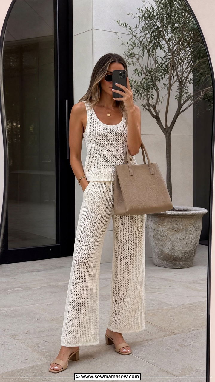 White Crochet Tank And Wide Leg Trouser Set - 30 Crochet matching set outfit ideas summer